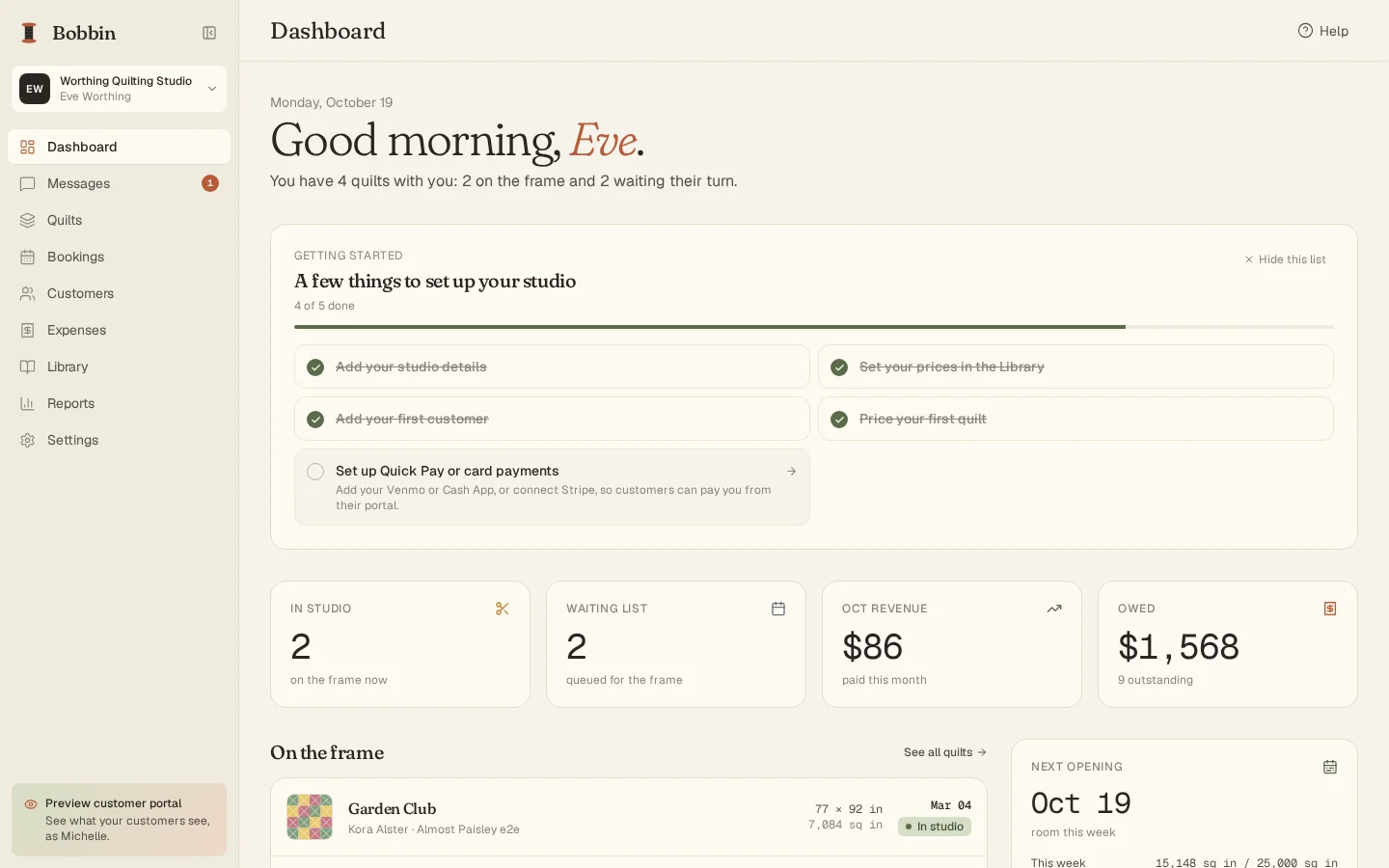 The BobbinBill dashboard for Worthing Quilting Studio: quilts in the studio, what's waiting, money owed and the next opening.